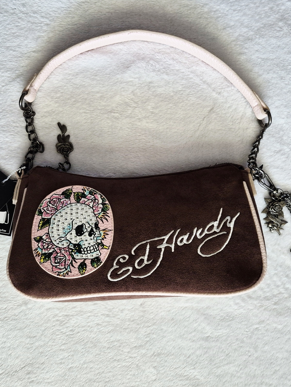 Ed Hardy Brown Vegan Suede Crossbody Bag with Pink Handle and Skull Floral Patch
